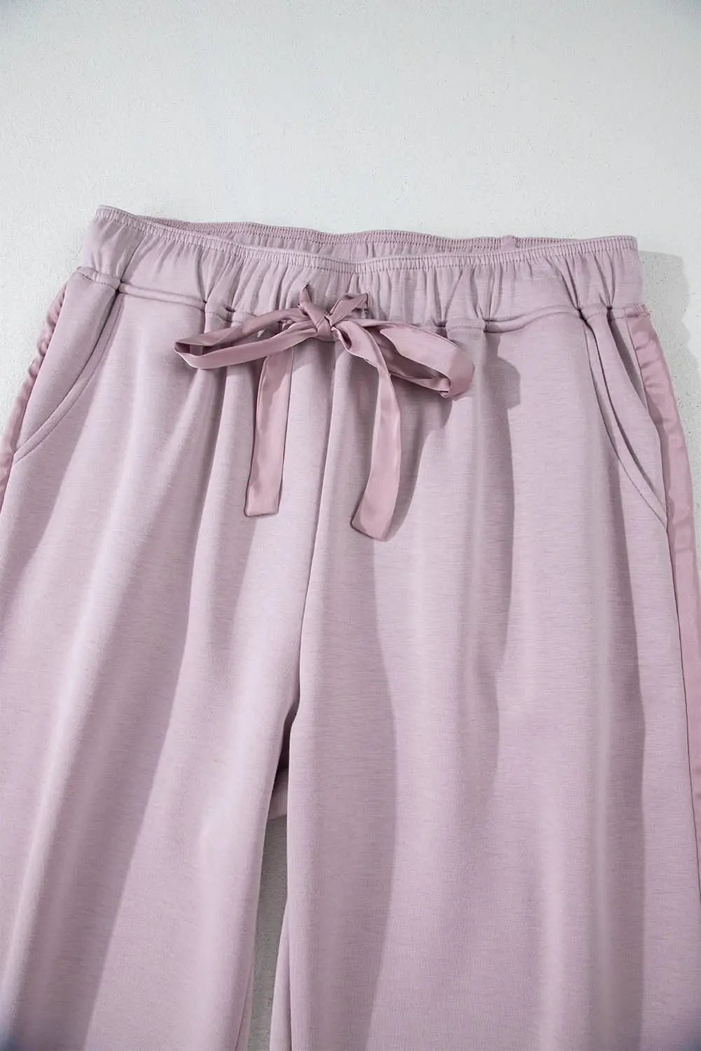 Orchid Petal Drawstring Waist Satin Stripe Patch Straight Leg High Waist Pants - Love Salve